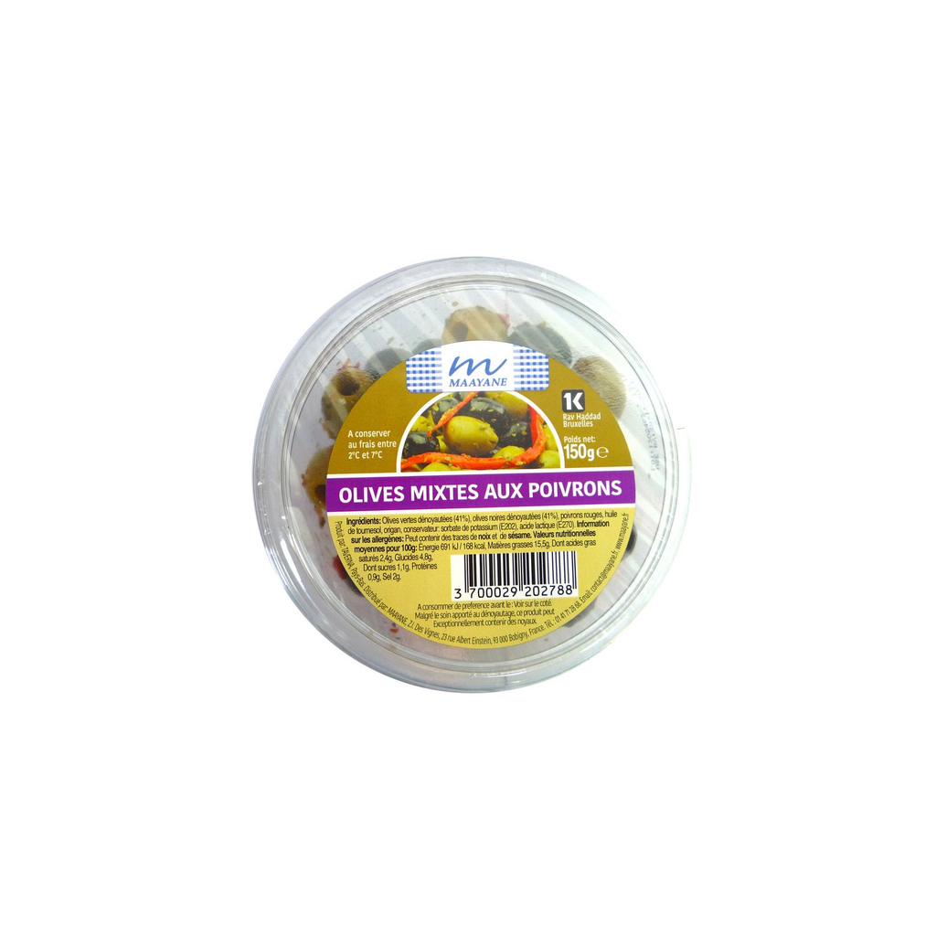 MAAYANE Aceitunas verdes y negras con pimientos 150 g