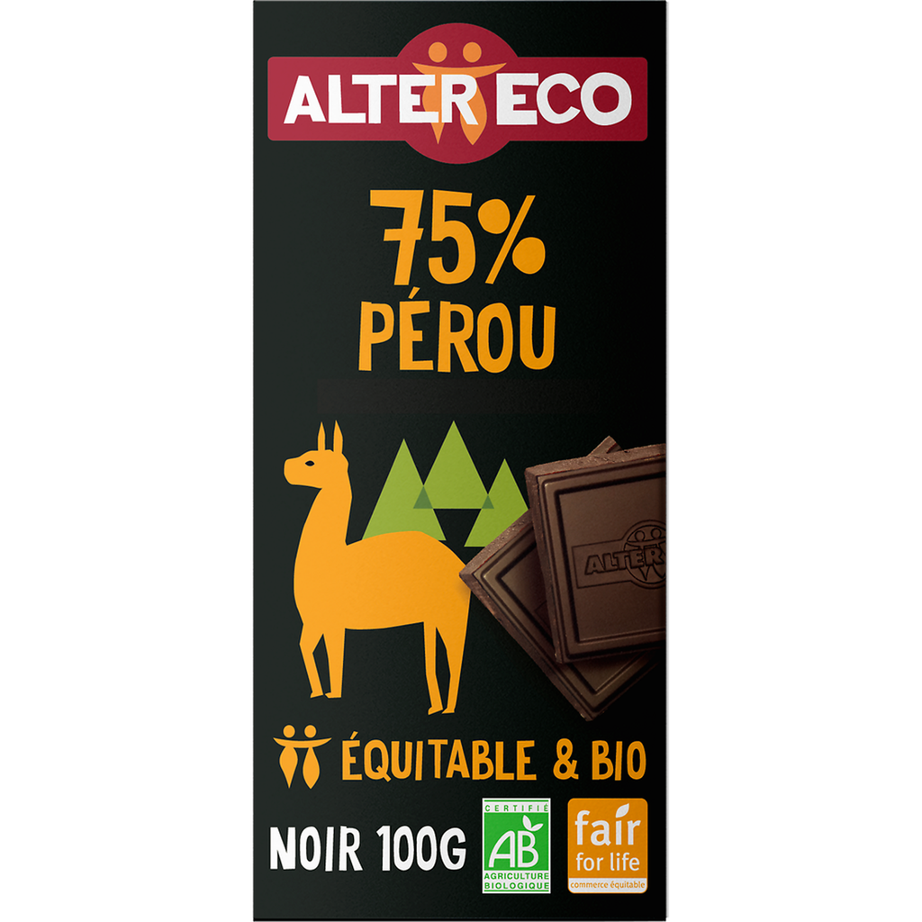 ALTER ECO Tablete de chocolate negro biológico e justo Peru 75% cacau 100 g