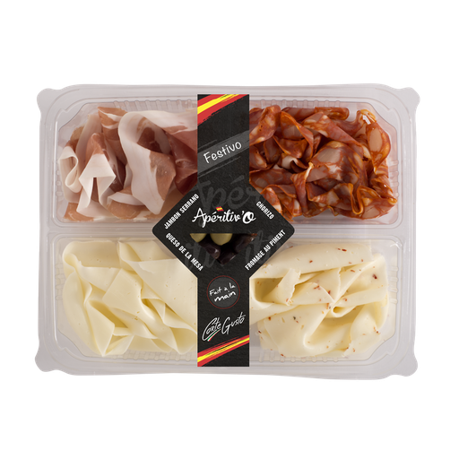 [3700656402575] CORTE DEL GUSTO Apéritiv'O Festivo (Chorizo, Serrano, Queso de la mesa, Queso picante, olives) 135 g