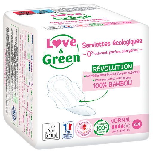 [3700668700744] LOVE & GREEN Normal Hypoallergenic Sanitary Pads with Wings x14
