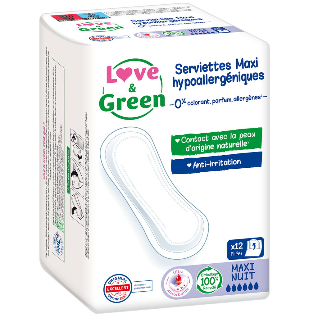 LOVE & GREEN Maxi Night Hypoallergenic Sanitary Pads x12