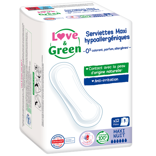 [3700668701130] LOVE & GREEN Maxi Night Hypoallergenic Sanitary Pads x12