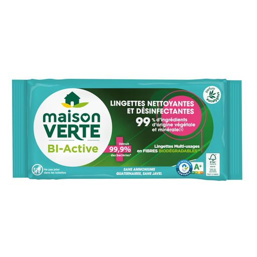 [3700992608099] MAISON VERTE Lingettes multi-usages bi-active nettoyantes et désinfectantes biodégradables parfum eucalyptus 70 lingettes