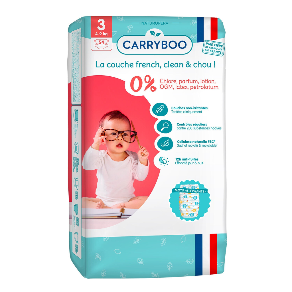 CARRYBOO Fraldas ecológicas dermo-sensíveis tamanho 3 (4-9 kg) 54 unidades
