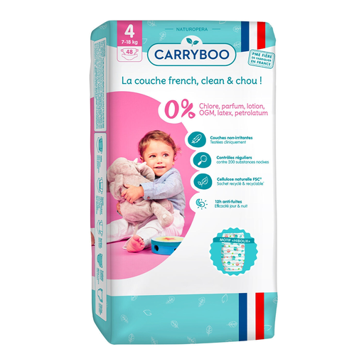 [3760001760682] CARRYBOO Couches écologiques dermo-sensitives taille 4 (7-18 kg) 48 couches