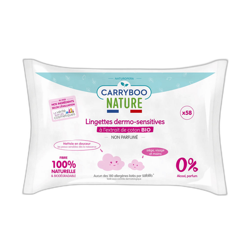 [3760001762556] CARRYBOO Lingettes bébé dermo-sensitives extrait coton bio 58 pièces