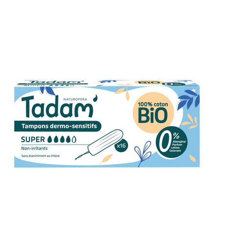 [3760001764260] TADAM Tampões de Algodão Bio sem Aplicador Dermo-Sensíveis Super Absorventes 16 Tampões
