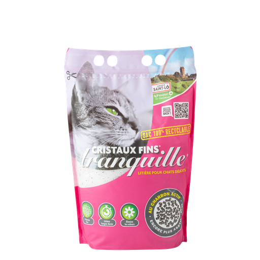 [3760060015952] TRANQUILLE Litière longue durée cristaux fins au charbon actif 3,7 L