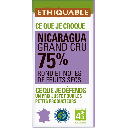 [3760091722515] ETHIQUABLE Tablette de chocolat noir bio 75% cacao Nicaragua 100 g