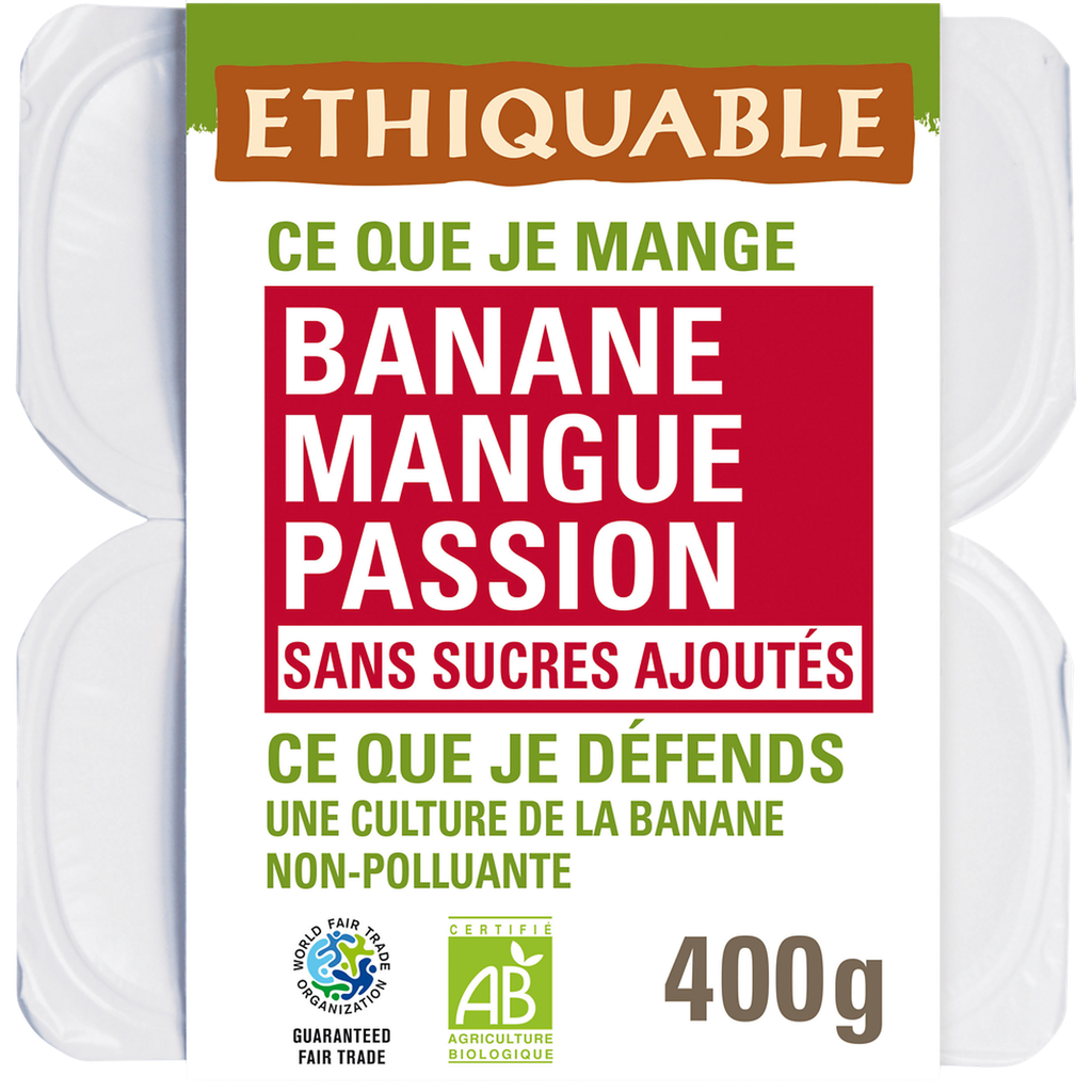ETHIQUABLE Coupelles purée de fruits bio banane mangue passion 4x100g