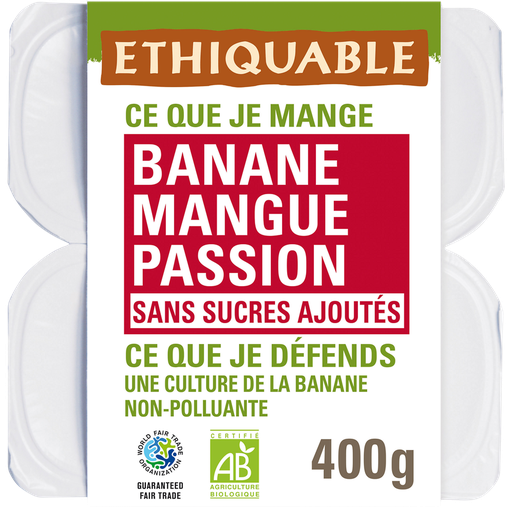 [3760091723741] ETHIQUABLE Organic fruit puree cups banana mango passion fruit 4x100g