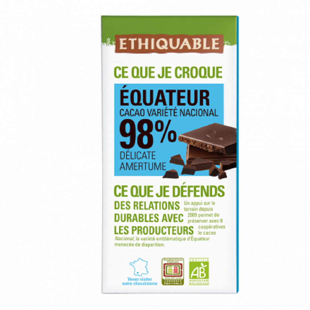 ETHIQUABLE Organic Dark Chocolate Bar 98% Cocoa 100 g