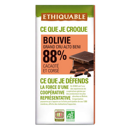 [3760091725554] ETHIQUABLE Organic dark chocolate bar 88% cocoa Bolivia grand cru 100 g