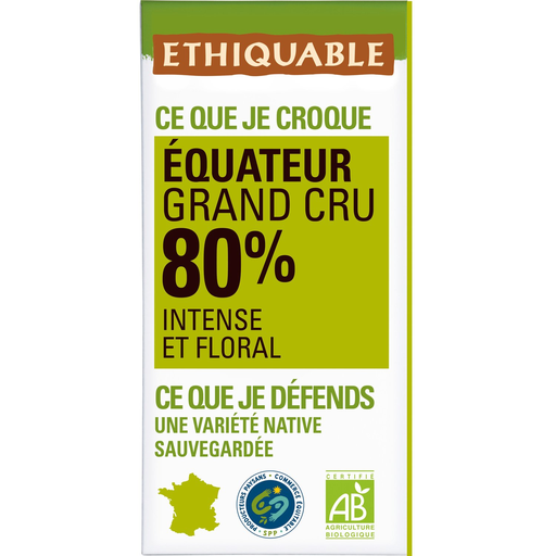 [3760091726667] ETHIQUABLE Organic Dark Chocolate Bar 80% Cocoa Ecuador Grand Cru 100 g