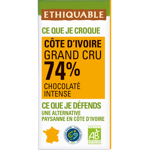 [3760091727824] ETHIQUABLE Dark Chocolate 74% Cocoa Ivory Coast Organic 100 g