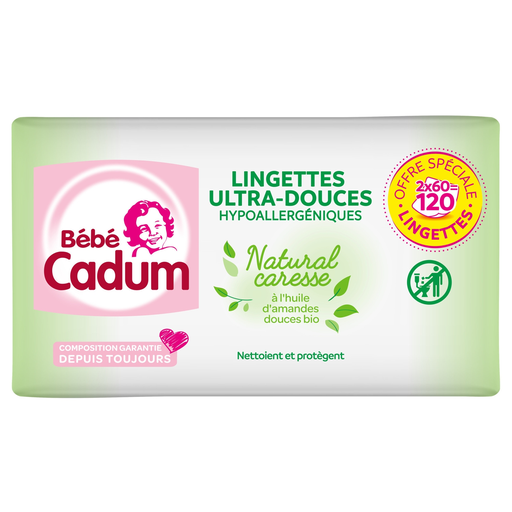 [3760099591335] BEBE CADUM Lingettes Natural Caresse Ultra-Douces Hypoallergéniques 120 lingettes