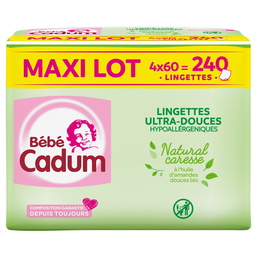 [3760099595845] CADUM Lingettes bébé huile d'amandes douces bio BEBE 4x60
