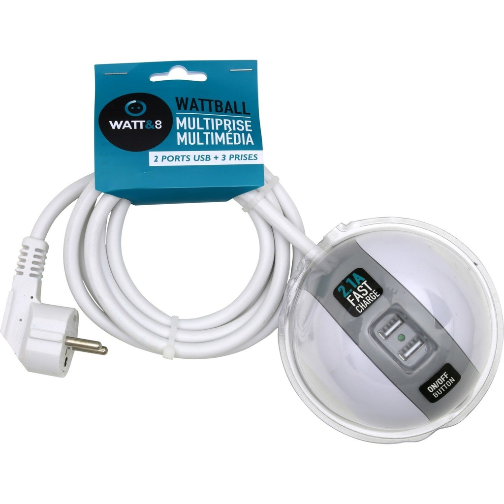 WATT Regleta redonda Wattball 2x 16A + 1x 6A + USB 2.1A Blanco y Gris bloque de 2 tomas