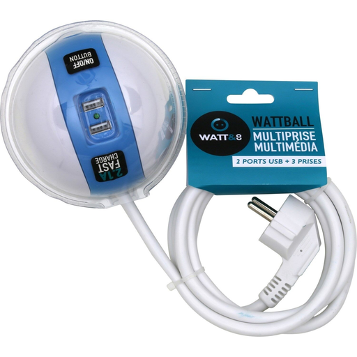 [3760110683636] WATT Round Power Strip Wattball 2x 16A + 1 x 6A + USB 2.1A & CO Blue 2-socket block