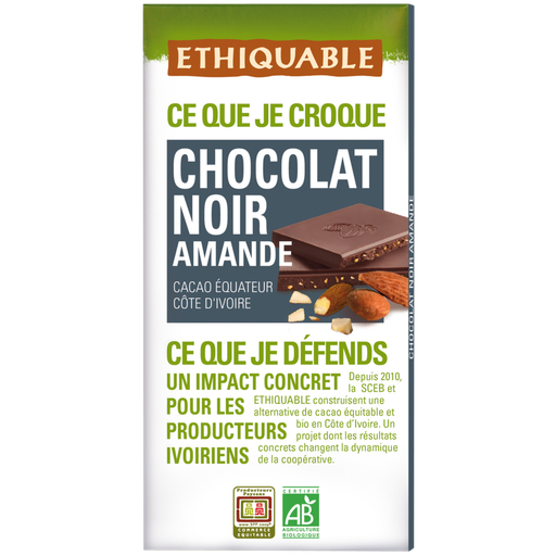 [3760278860481] ETHIQUABLE Organic dark chocolate bar with almonds 65% cocoa 100 g