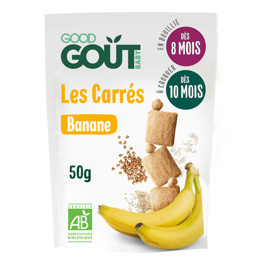 [3770002327968] GOOD GOUT Biscuits Bébé dès 8 mois A la Banane Sans sucres ajoutés Bio Les Carrés 50 g