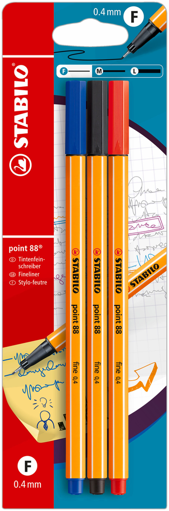 STABILO Blister 3 stylos-feutres point 88 noir + bleu + rouge