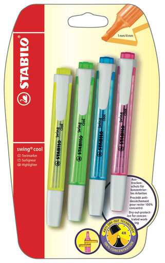 [4006381355384] STABILO Highlighter Swing Cool 1mm-4mm tip pack of 4