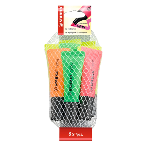 [4006381454179] STABILO Surligneurs Neon Filet X 8 (4 Jaune, 2 Vert, 1 Orange, 1 Rose)