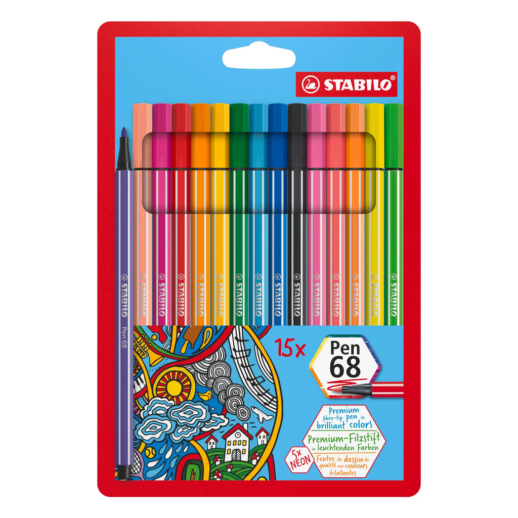 STABILO Rotuladores Pen 68, estuche de 15 unidades (incluye 5 fluorescentes)