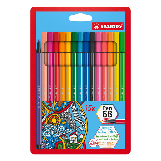 [4006381456418] STABILO Feutres de dessin Pen 68, pochette de 15 feutres (dont 5 fluo)