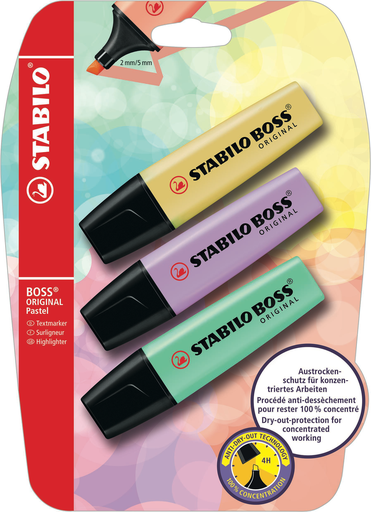 [4006381505987] STABILO Surligneurs BOSS ORIGINAL Pastel jaune, lilas et menthe, lot de 3