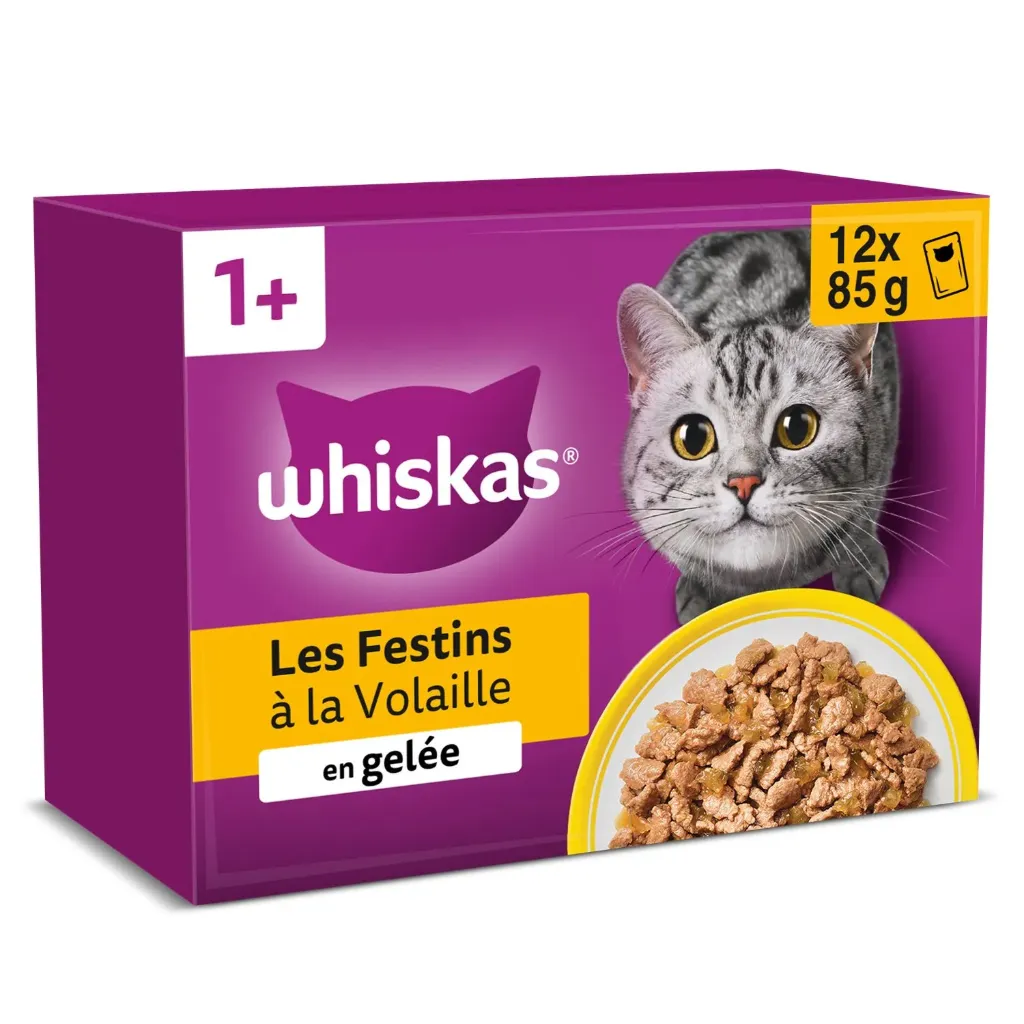 Whiskas Pâtée Pour Chat Adulte En Gelée Poulet Canard Dinde Volaille Les Festins 12X85G