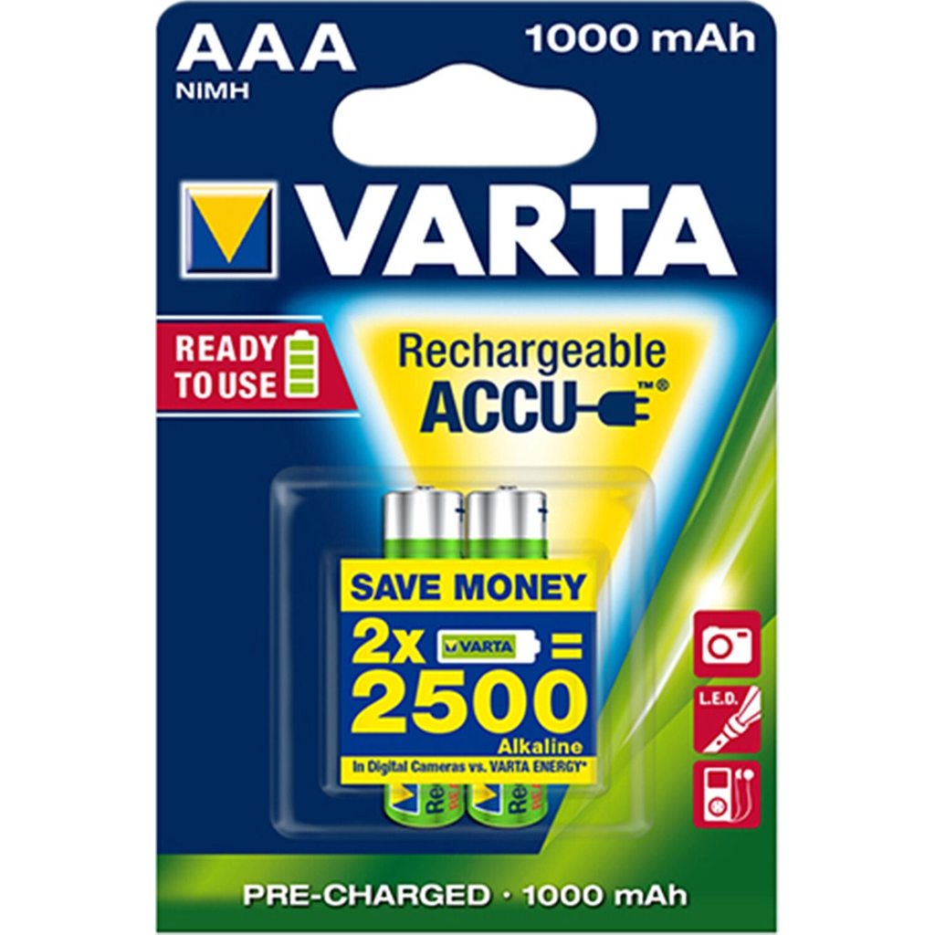 VARTA Accu NiMH HR03 Micro 1000 mAh 1.2V, lot de 2 piles