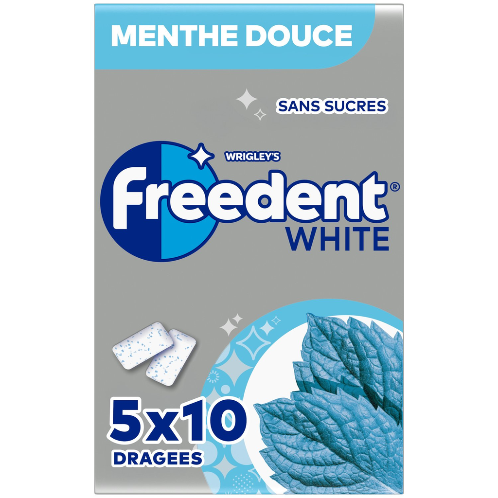 Freedent White Chewing-Gum Sans Sucres Goût Menthe Douce : Les 5 Paquets De 10 Dragées - 70 G