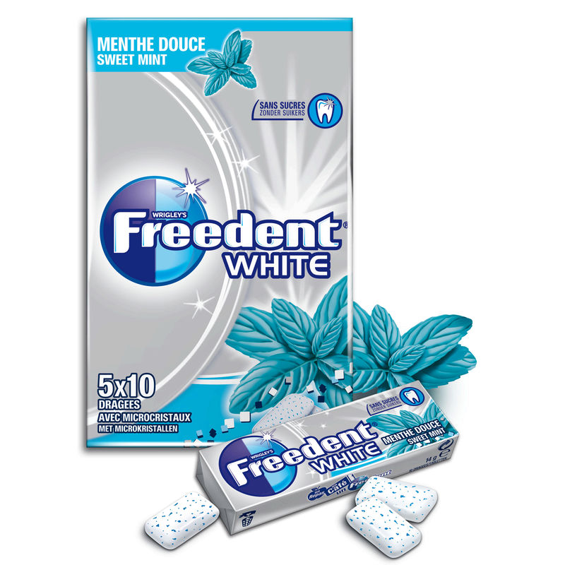 Freedent White Chewing-Gum Sans Sucres Goût Menthe Douce : Les 5 Paquets De 10 Dragées - 70 G