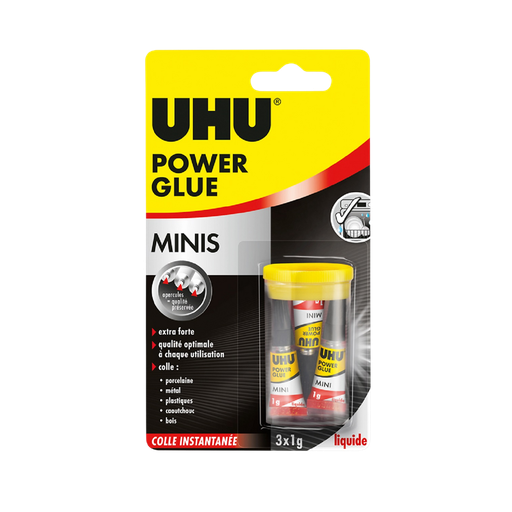 [4026700396706] UHU Power glue líquido Cola instantânea, ultra rápida e forte, transparente, lote de 3 x 1 g