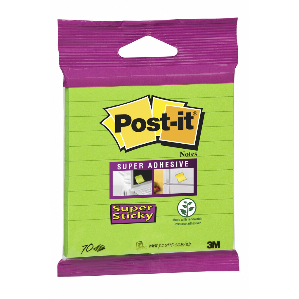 POST Notas Super Sticky Post-it® 100x100 Verde neón rayadas 1 bloque de 70 hojas