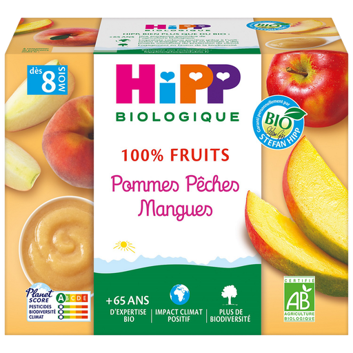 [4062300011496] HIPP Fruit Puree Apples Peaches Mangoes 4 x 100 g