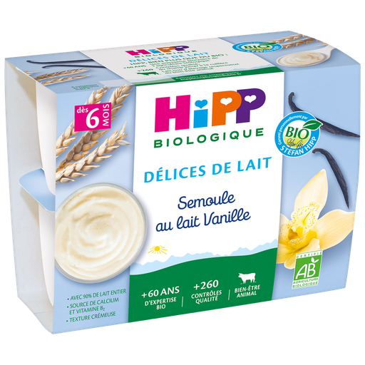 [4062300032842] HIPP BIOLOGIQUE Delícias de leite Sêmola com leite inteiro BIO, 4 copos de 100 g
