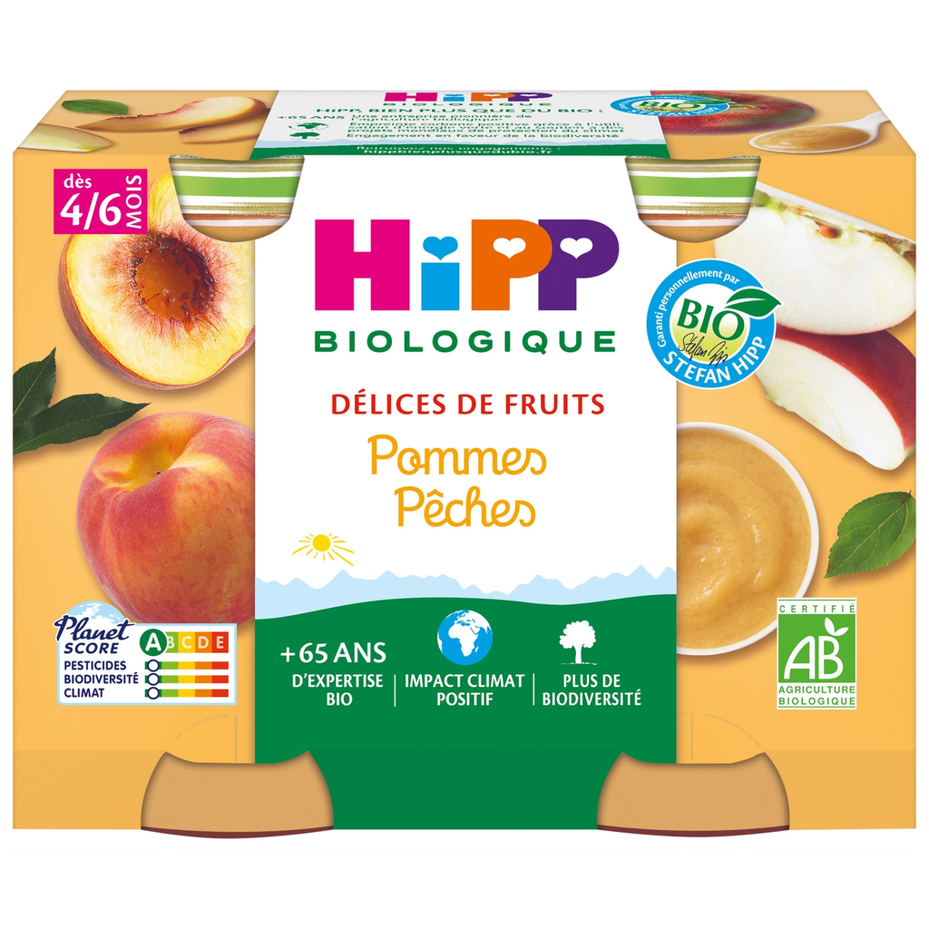 HIPP BIOLOGIQUE Compote bébé Pomme Pêche 2 pots de 190 g