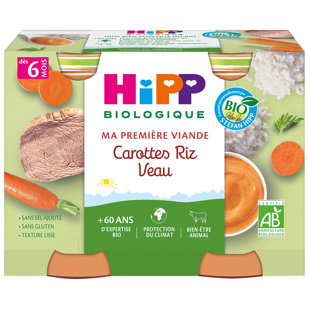 HIPP BIOLOGIQUE Organic Baby Meal Carrots Rice Veal 2 pots of 190 g