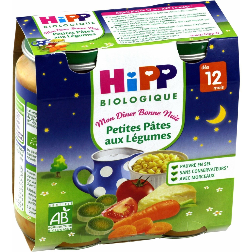 HIPP BIOLOGIQUE Petit bébé dès 12 mois, pâtes légumes 2 pots de 250 g