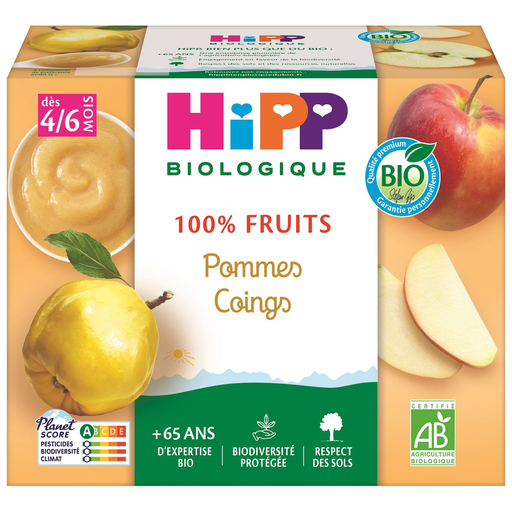 [4062300126602] HIPP Organic Baby Fruit Puree Apple Quince 4 pots of 100 g