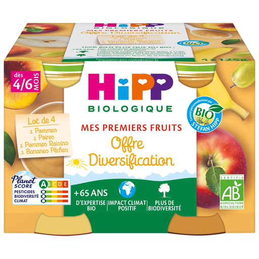 [4062300201781] HIPP BIOLOGIQUE Baby Fruit Puree Apple Pear Banana Peach Grape 4x125g