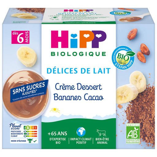 [4062300205246] HIPP BIOLOGIQUE Creme de Sobremesa Banana Cacau 4 boiões de 100 g
