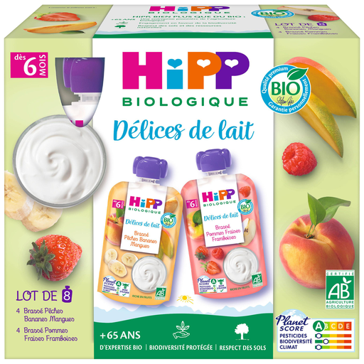 [4062300344365] HIPP BIOLOGIQUE Delícias de Leite Batido Maçã Morango-Pêssego Banana BIO 8x80g
