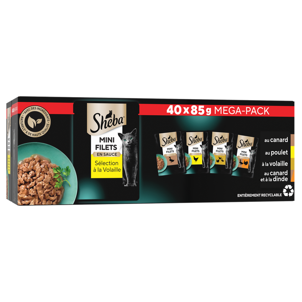 SHEBA Adult Cat Wet Food Mini Fillets in Gravy Poultry, Duck, Chicken, Turkey Selection 40x85g