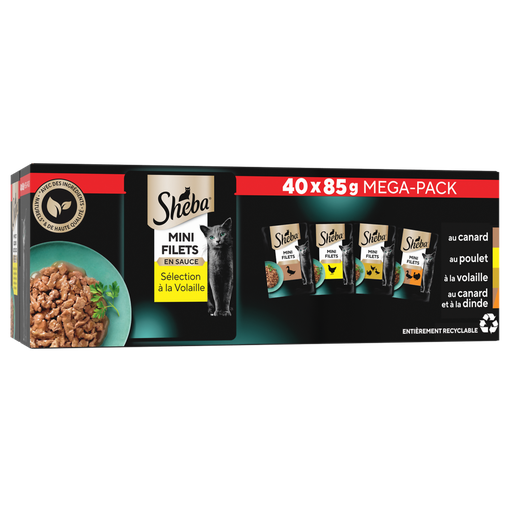 [4770608255886] SHEBA Pâtée pour chat adulte mini filets en sauce sélection volaille, canard, poulet, dinde, bœuf 40x85g