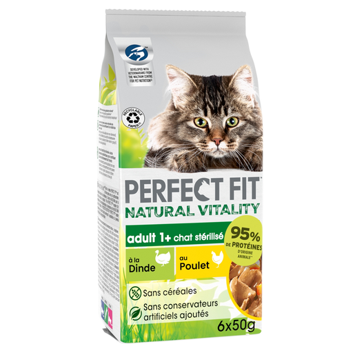 [4770608259600] PERFECT FIT Natural Vitality Sachets Fraîcheur Poulet et Dinde pour Chat Adulte Stérilisé 6 x 50 g
