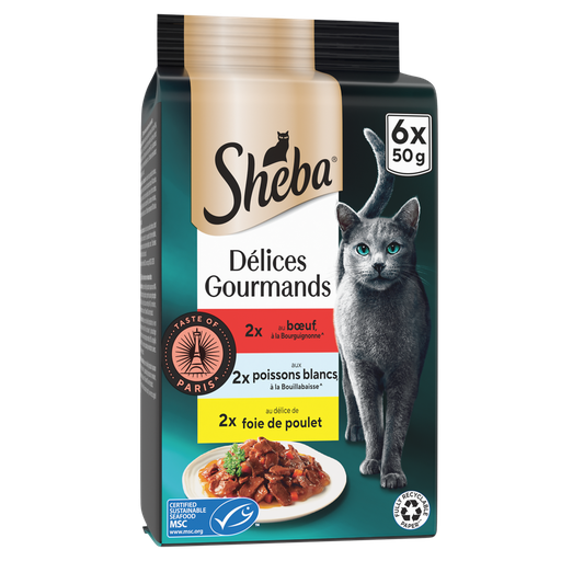 [4770608259914] SHEBA Délices Gourmands Pâtée pour chat au bœuf, poissons et foie de poulet 6 x 50 g